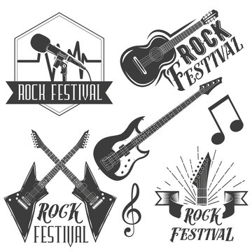 Vector set of rock festival labels in vintage style. Rock music instruments, microphone, guitar isolated on white background