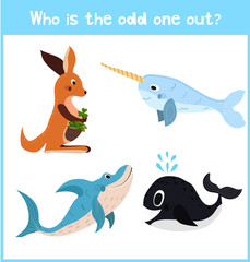Obraz premium Cartoon colorful background of Education to find 1 extra pet kangaroo of the inhabitants of the seas and oceans in children's pictures . Matching Game for Preschool Children. Vector