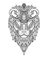 Black and white ornament of the face of the African wild king of beasts lion design ornamental lace. Page for adult coloring books. Hand drawn ink pattern. Vector