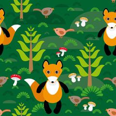 Seamless pattern fox and forest tree mushrooms kids background.
