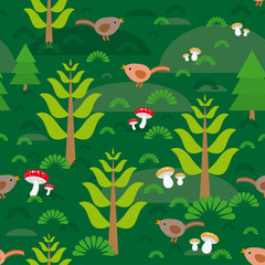 Seamless green background with fir trees mushrooms birds. vector