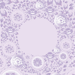 Circle greeting card with violet flowers. Vector