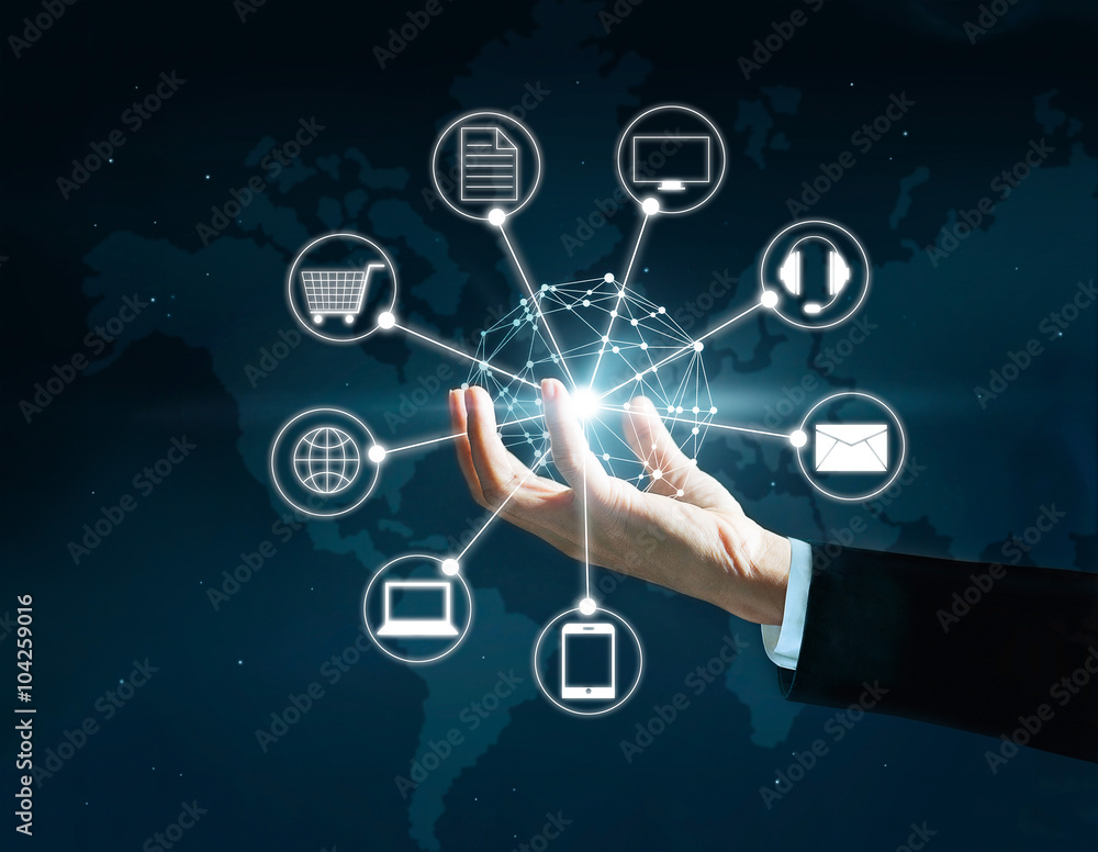Poster hands holding circle global network connection, omni channel