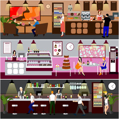 Cafe interior vector illustration. Design of coffee shop, bakery, restaurant and bar. People in cafe cartoon flat style.