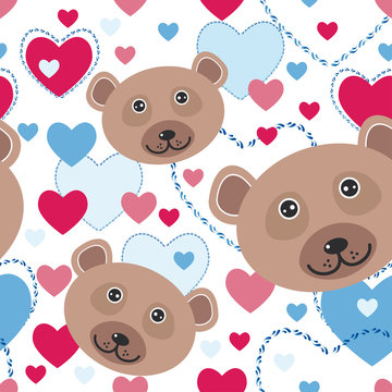 Seamless pattern with funny cute face bear, pink, blue heart on