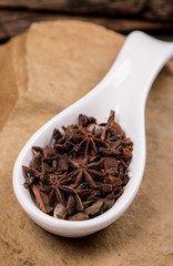 star anise in white spoon on stone