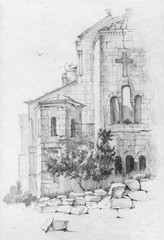 Hand drawn  View on the ruins of the St Vladimir's Cathedral, Sevastopol, Crimea, 1997 