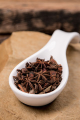 star anise in white spoon on stone
