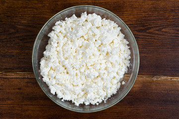 Cottage cheese in bowl from top close up