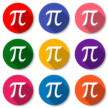 Set of colorful flat icons with Pi sign. Mathematical constant, irrational number, greek letter. Abstract vector illustration for a Pi Day.