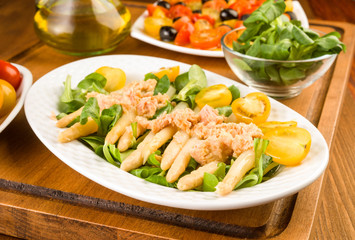 asparagus salad, cherry tomatoes and marinated tuna