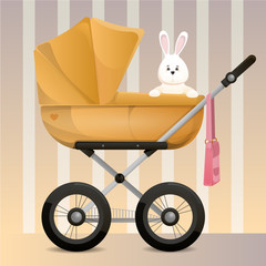 Baby pram with mom's bag and hare toy in it