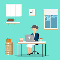Woman working in the co-working space infographics elements.illu