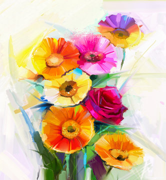 Still life colorful of yellow and red spring flowers painting. Oil painting a bouquet of rose,daisy and gerbera flower. Hand Painted floral Impressionist style