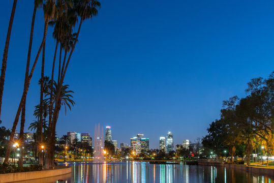 Long exposure view of Los Angeles downtown at night from Echo Park