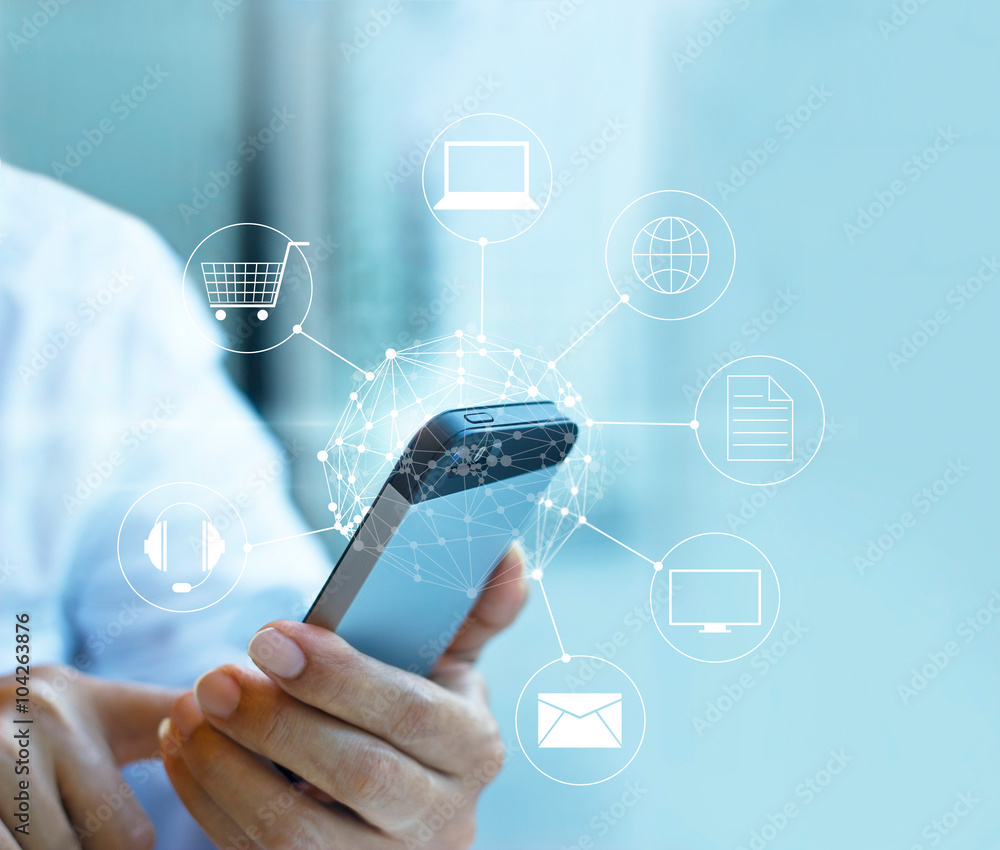 Poster Man using mobile payment, holding circle global and icon custome