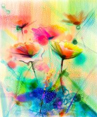 Naklejka premium Abstract flower watercolor painting. Hand paint White, Yellow, Pink and Red color of daisy- gerbera flowers in soft color on light yellow and green blue color background.Spring flower seasonal nature