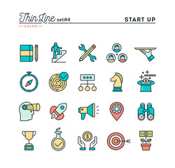Start up business, strategy, marketing, finance and more, thin line color icons set, vector illustration - obrazy, fototapety, plakaty