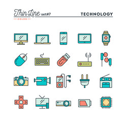 Technology, devices, gadgets and more, thin line color icons set