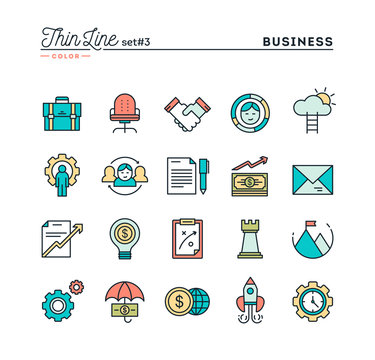 Business, entrepreneurship, teamwork, goals and more, thin line color icons set, vector illustration