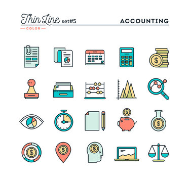 Accounting, Business Statistics, Time, Money Management And More, Thin Line Color Icons Set, Vector Illustration