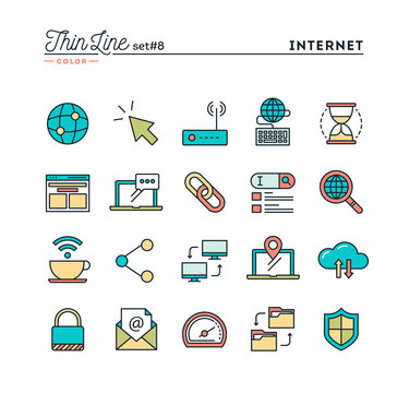 Internet, global network, cloud computing, free WiFi and more, thin line color icons set, vector illustration