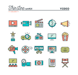 Film, video, shooting, editing and more, thin line color icons set, vector illustration