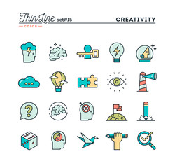 Creativity, imagination, problem solving, mind power and more, thin line color icons set, vector illustration