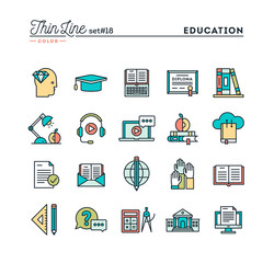 Education, online books, distance learning, webinar and more, thin line color icons set, vector illustration