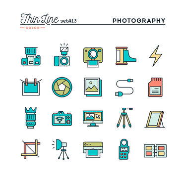 Photography, equipment, post-production, printing and more, thin line color icons set, vector illustration
