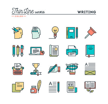 Writing, blogging, best seller book, storytelling and more, thin line color icons set, vector illustration
