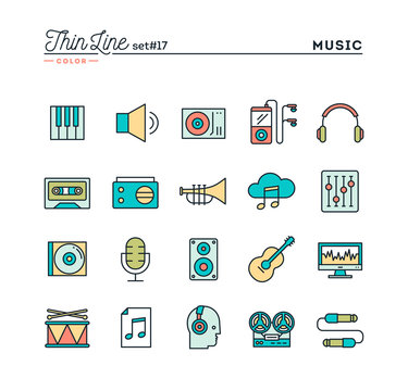 Music, sound, recording, editing and more, thin line color icons set, vector illustration