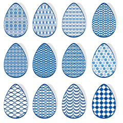 Set with Easter eggs with blue ornamental patterns, isolated on