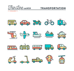 Obraz premium Transportation and vehicles, thin line color icons set