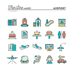 Airport, luggage scanning, flight, rent a car and more, thin line color icons set, vector illustration