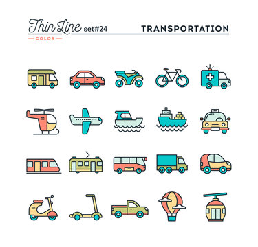 Transportation and vehicles, thin line color icons set