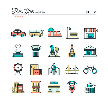 City, transportation, culture, shopping and more, thin line color icons set, vector illustration
