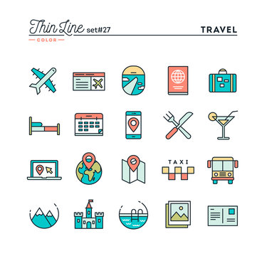 Travel, flight, accommodation, destination booking and more, thin line color icons set, vector illustration