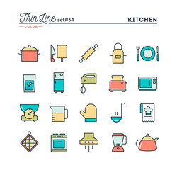 Kitchen utensils, food preparation and more, thin line color icons set, vector illustration