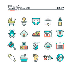 Baby, pregnancy, birth, toys and more, thin line color icons set