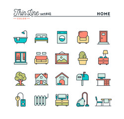 Home, interior, furniture and more, thin line color icons set
