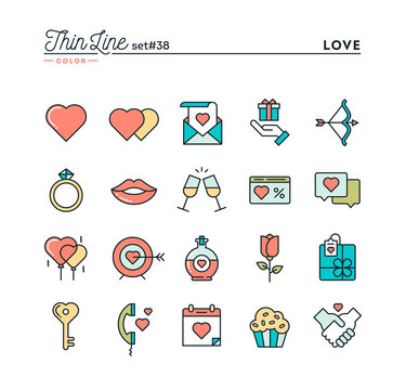 Love, Valentine's day, dating, romance and more, thin line color icons set, vector illustration