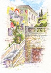hand drawn  view  view of the inner courtyard of the old town. Sevastopol, Crimea