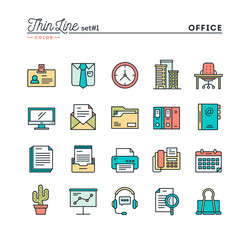 Office things, thin line color icons set