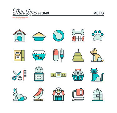 Pets, thin line color icons set