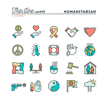 Humanitarian, peace, justice, human rights and more, thin line color icons set, vector illustration