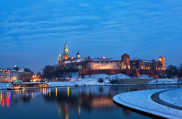 Wawel Royal Castle in Krakow at night, Poland