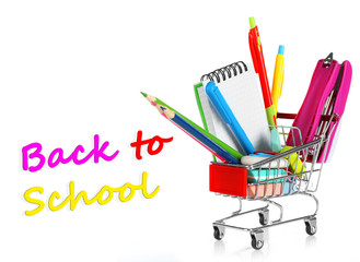 Bright stationery objects in mini supermarket cart isolated on white background