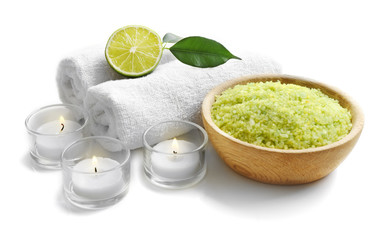Relaxing spa set on white background, close up