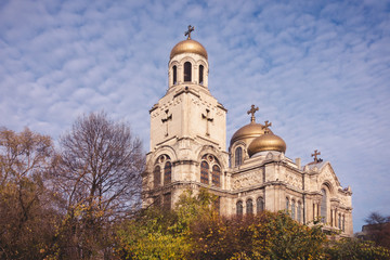 Orthodox Cathedral of the Assumption of the Virgin in Varna, Bulgaria. Copy space background.
